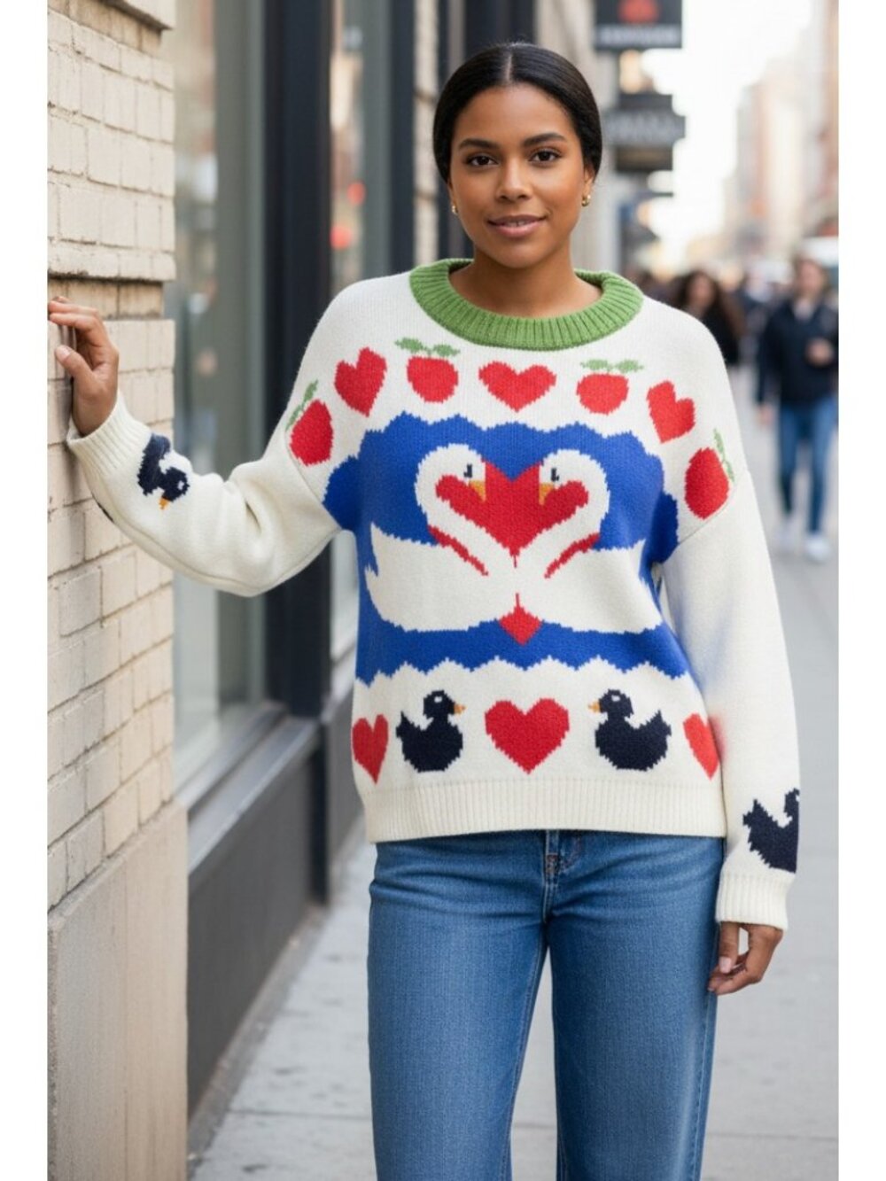 Swan Heart Strawberry Baggy Pullover Round Neck Long Sleeve Boxy Knit Sweater